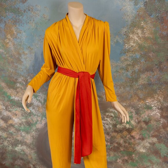 Vintage * LILLI ANN * 80s Mustard Yellow Draped Jumpsuit with Red Sash Belt - Picture 6 of 16